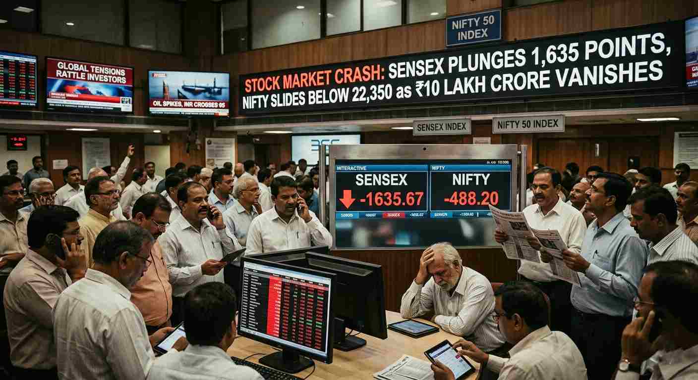 Stock Market Crash: Sensex Plunges 1,635 Points, Nifty Slides Below 22,350 as ₹10 Lakh Crore Vanishes Global Tensions Investors
