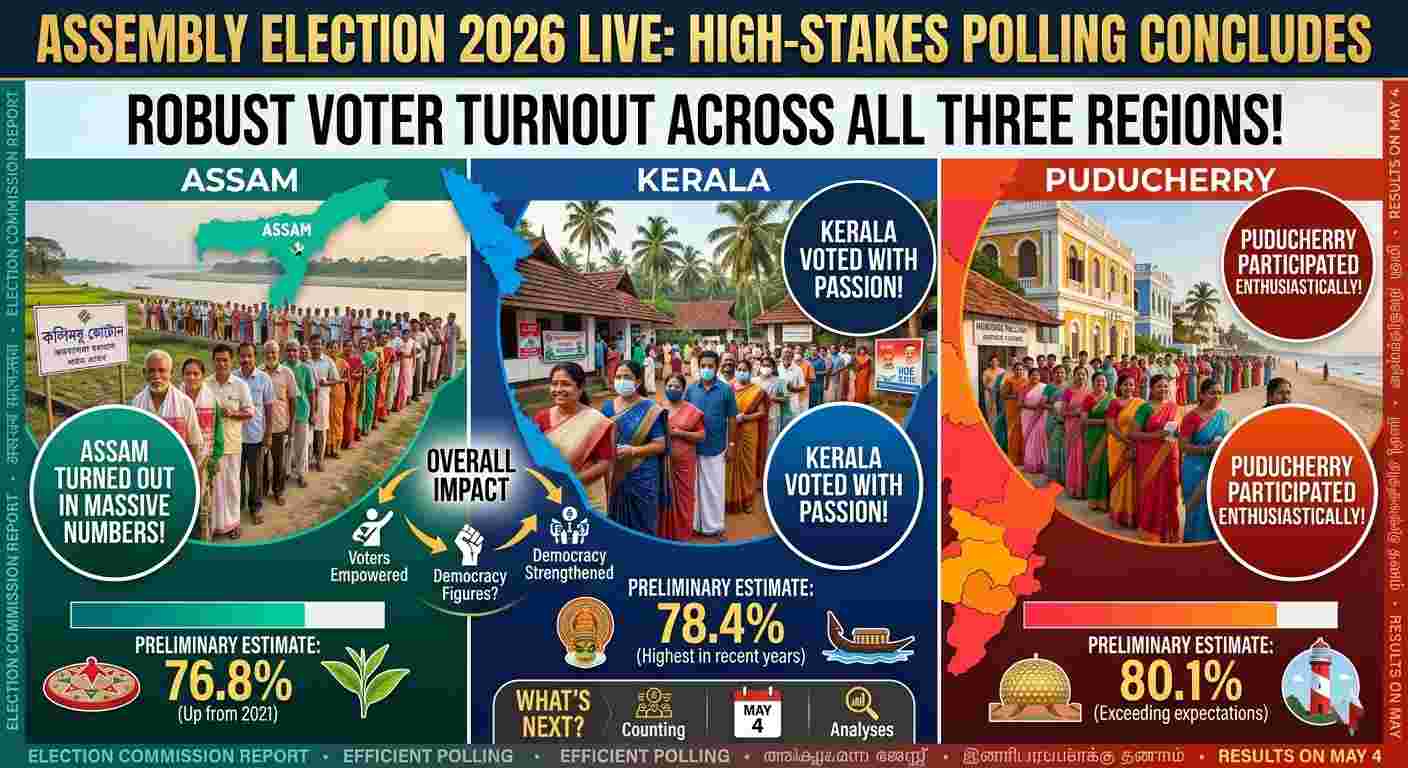 Assembly Election 2026 LIVE: Robust Turnout in Assam, Kerala, and Puducherry as High-Stakes Polling Concludes