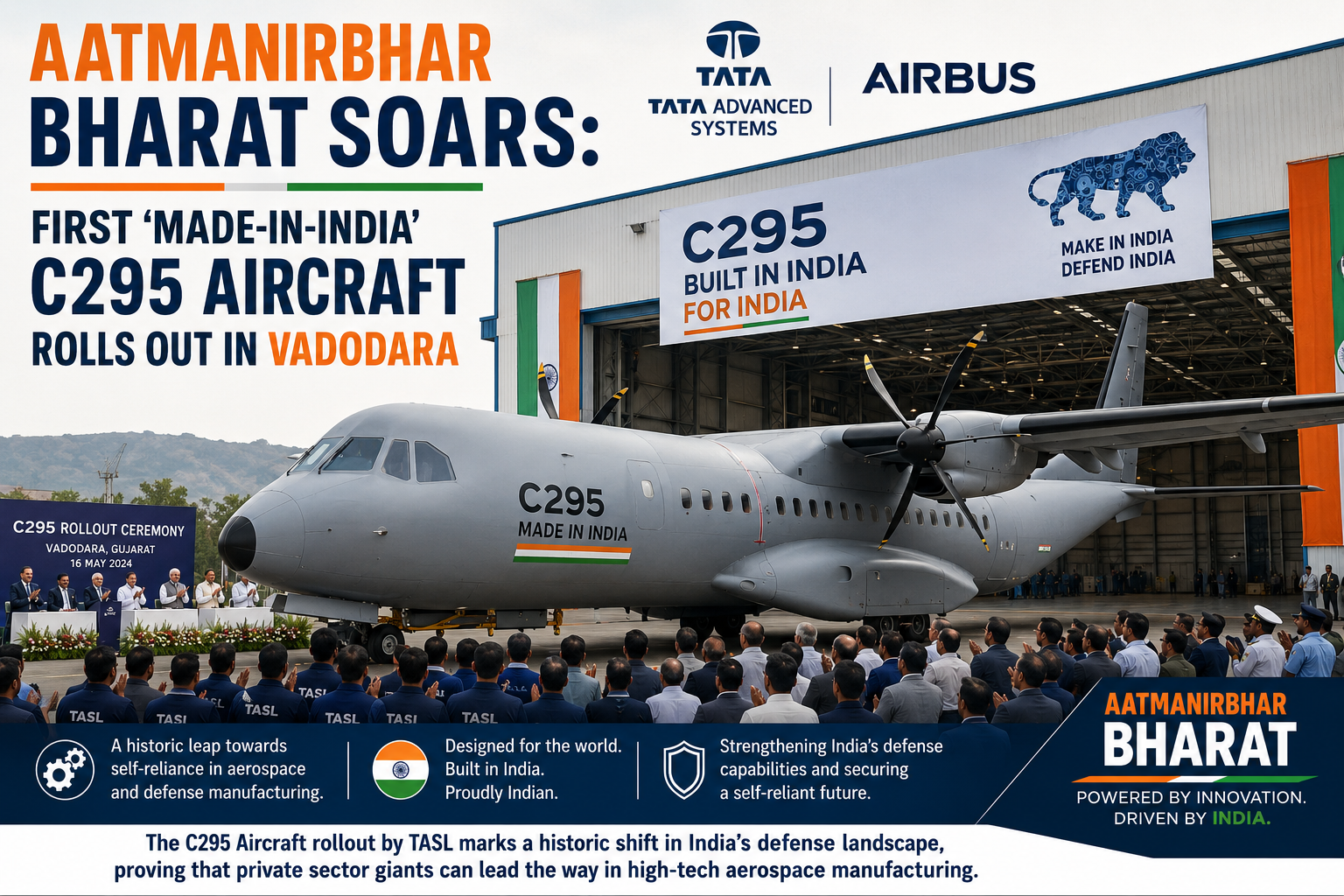 India's Aerospace Revolution: First Made-in-India C295 Aircraft Rolls Out in Vadodara