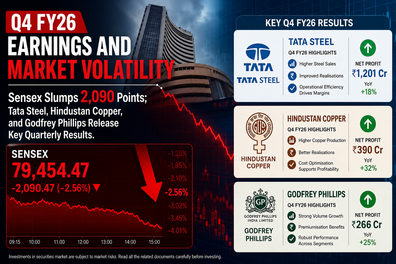 Q4 FY26 Earnings and Market Volatility :Sensex Slumps 2,090 Points; Tata Steel, Hindustan Copper, and Godfrey Phillips Release Key Quarterly Results.