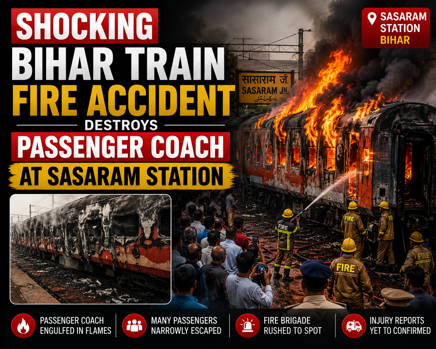 Shocking Bihar Train Fire Accident Destroys Passenger Coach at Sasaram Station
