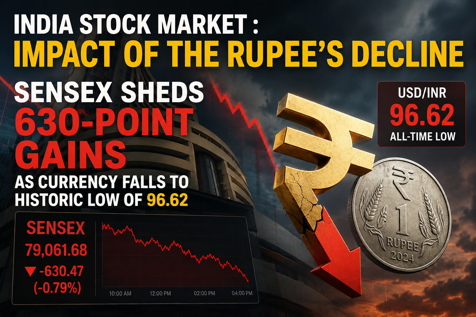India Stock Market : Impact of the Rupee's Decline Sensex Sheds 630-Point Gains as Currency Falls to Historic Low of 96.62.