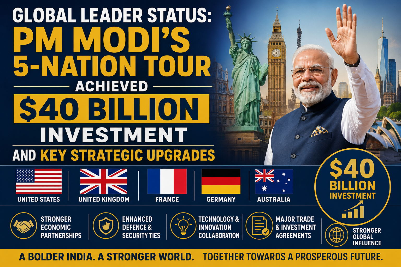 Global Leader Status: PM Modi’s 5-Nation Tour Achieved $40 Billion Investment and Key Strategic Upgrades