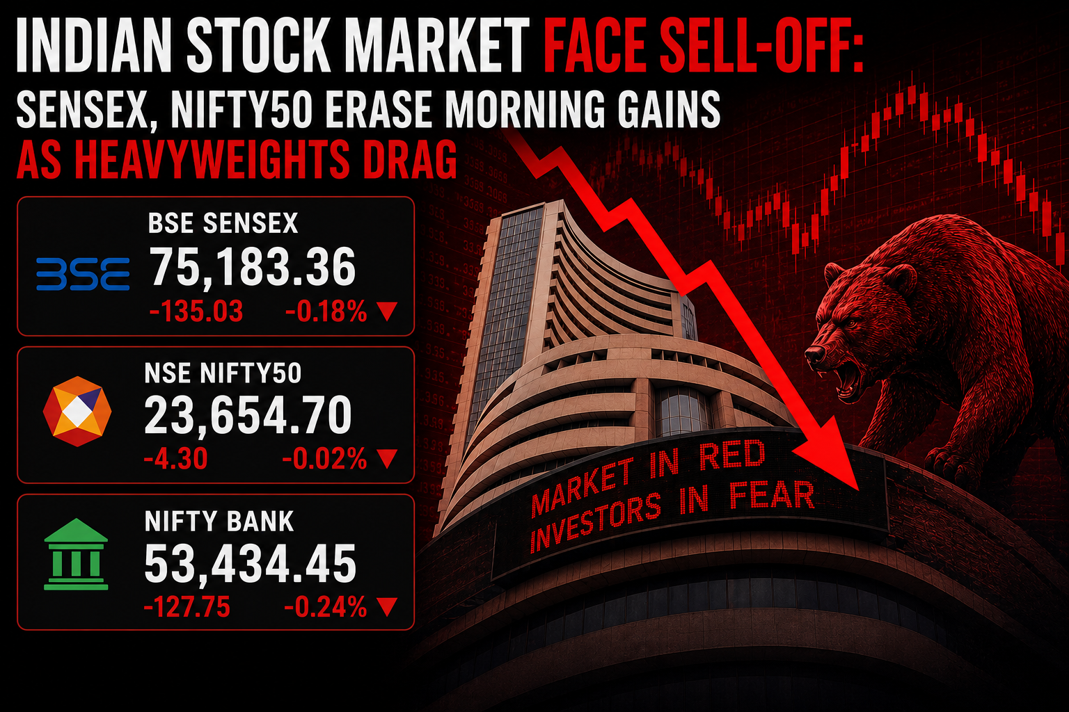 Indian Stock Market Face Sell-Off: SENSEX, NIFTY50 Erase Morning Gains as Heavyweights Drag