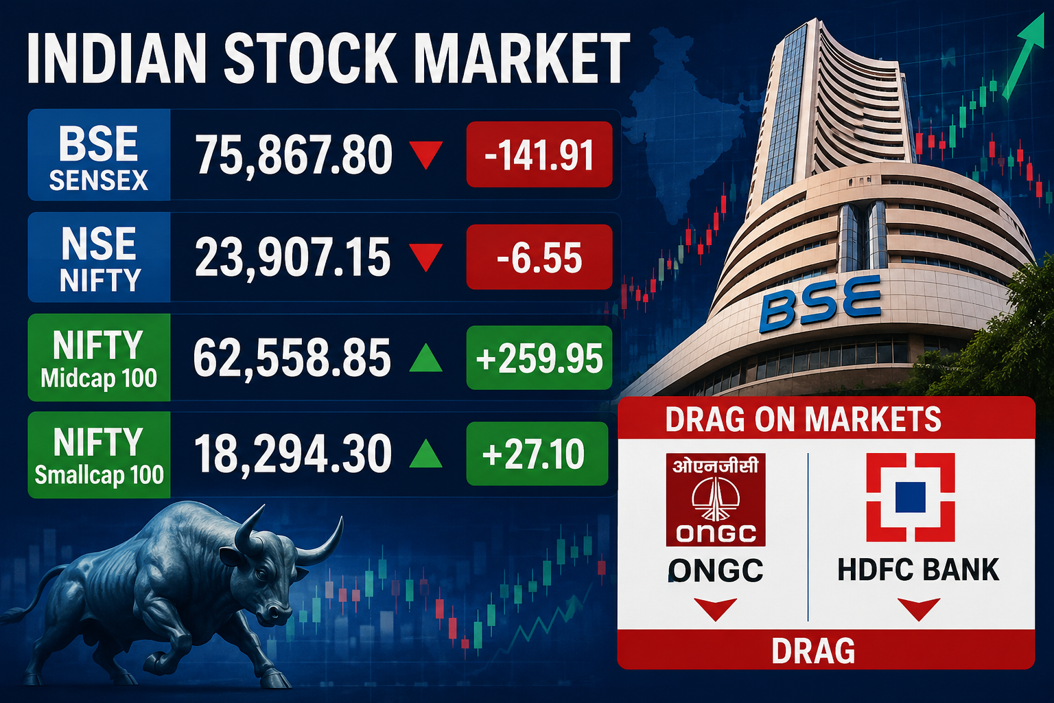 Indian Stock Market Highlights: SENSEX & NIFTY50 Close Flat With Negative Bias; ONGC, HDFC Bank Drag