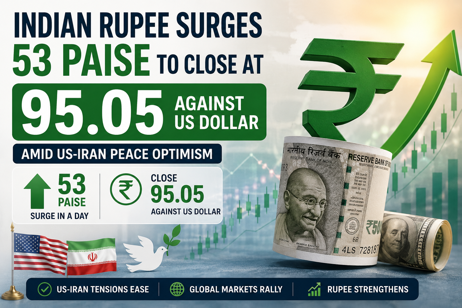 Indian Rupee Surges 53 Paise to Close at 95.05 Against US Dollar Amid US-Iran Peace Optimism