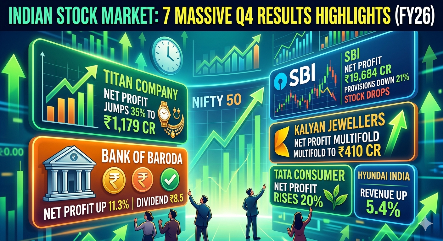 Indian Stock Market 7 Massive Q4 Results Highlights: SBI, Bank of Baroda, and Titan Surge in FY26