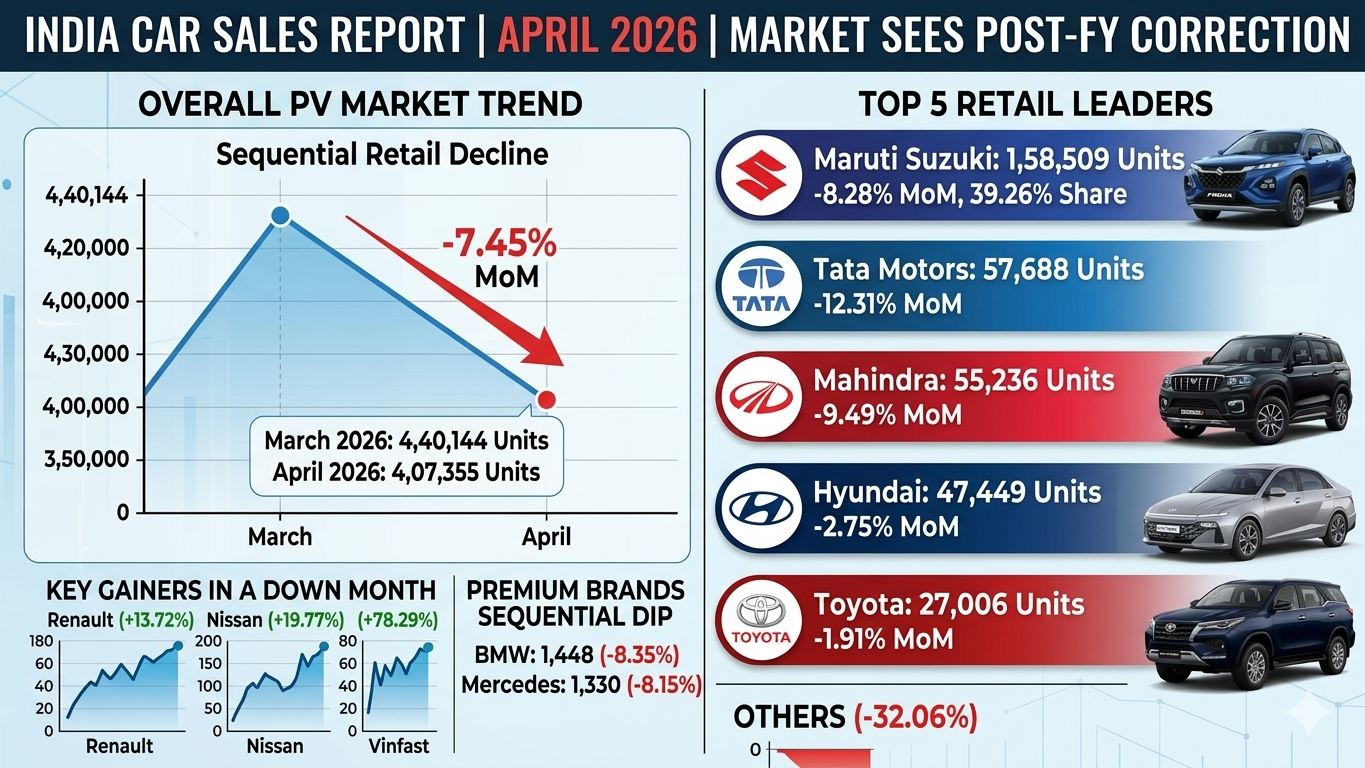 India Car Sales Report April 2026: Maruti Maintains Dominance as Market Sees Post-FY Correction