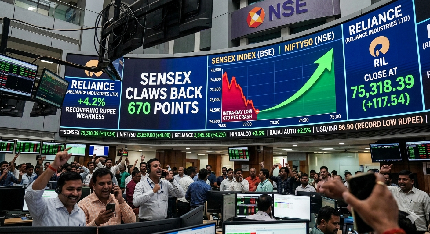 India Stock Market Recovery: Sensex Claws Back From 670-Point Crash as Reliance Counters Rupee Weakness