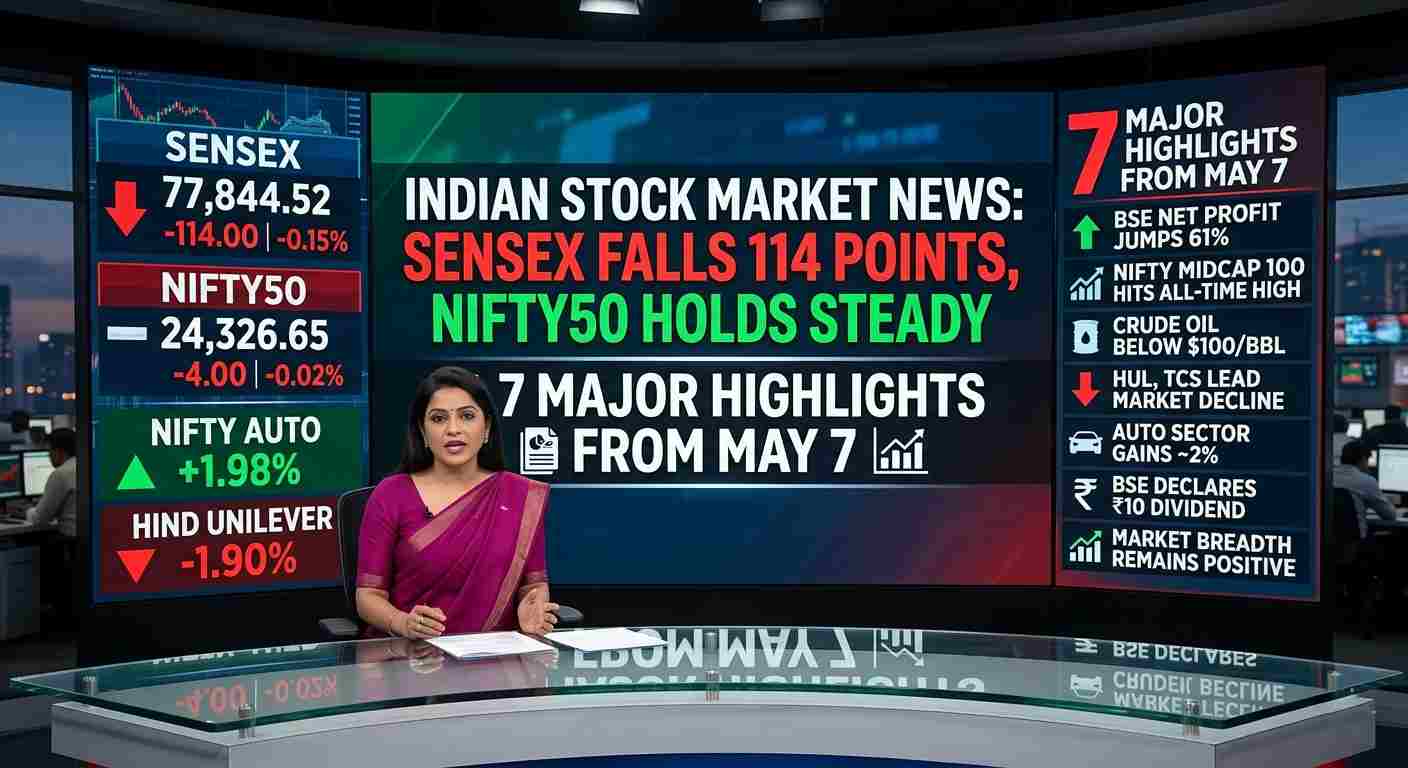 Indian Stock Market News: SENSEX Falls 114 Points as NIFTY50 Holds Steady; 7 Major Highlights from May 7