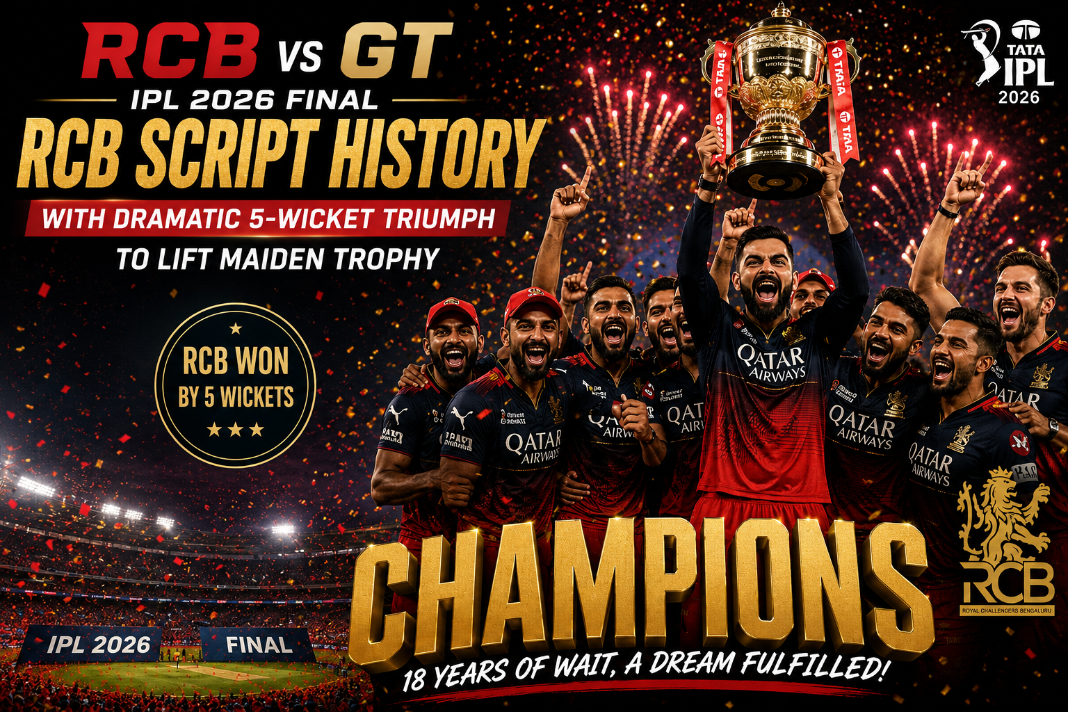 RCB vs GT IPL 2026 Final Match Highlights: RCB Script History with Dramatic 5-Wicket Triumph to Lift Maiden Trophy
