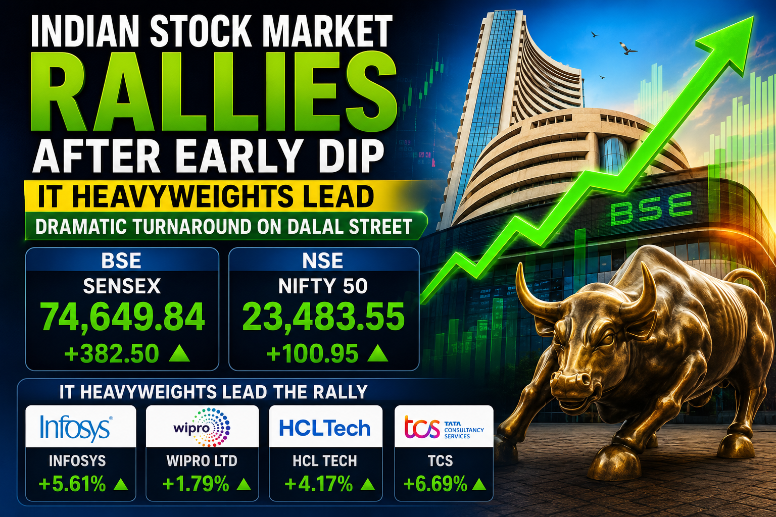 Indian Stock Market Rallies After Early Dip: Technological Heavyweights Reverse Morning Losses Securely