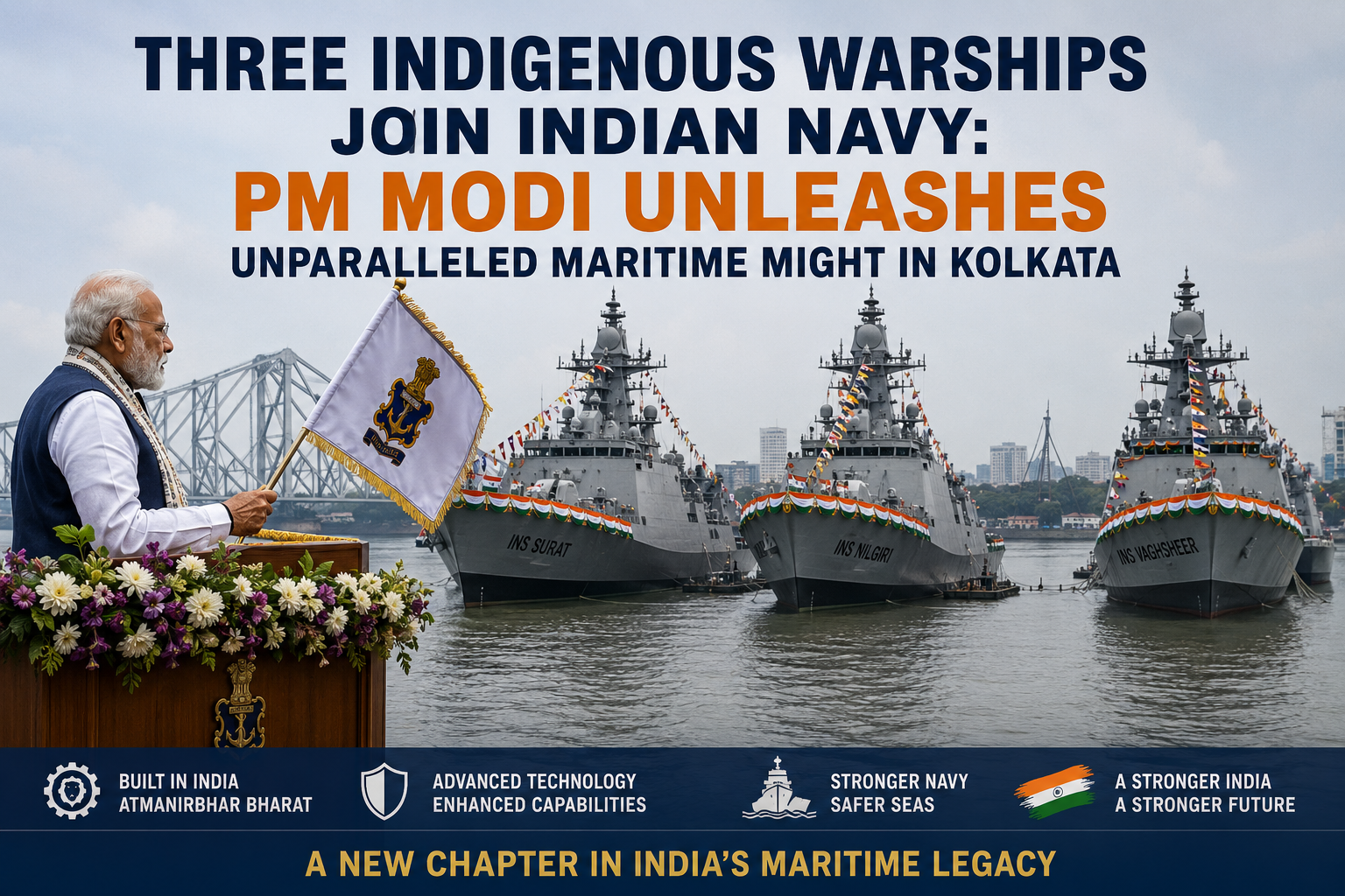 Three Indigenous Warships Join Indian Navy: PM Modi Unleashes Unparalleled Maritime Might in Kolkata