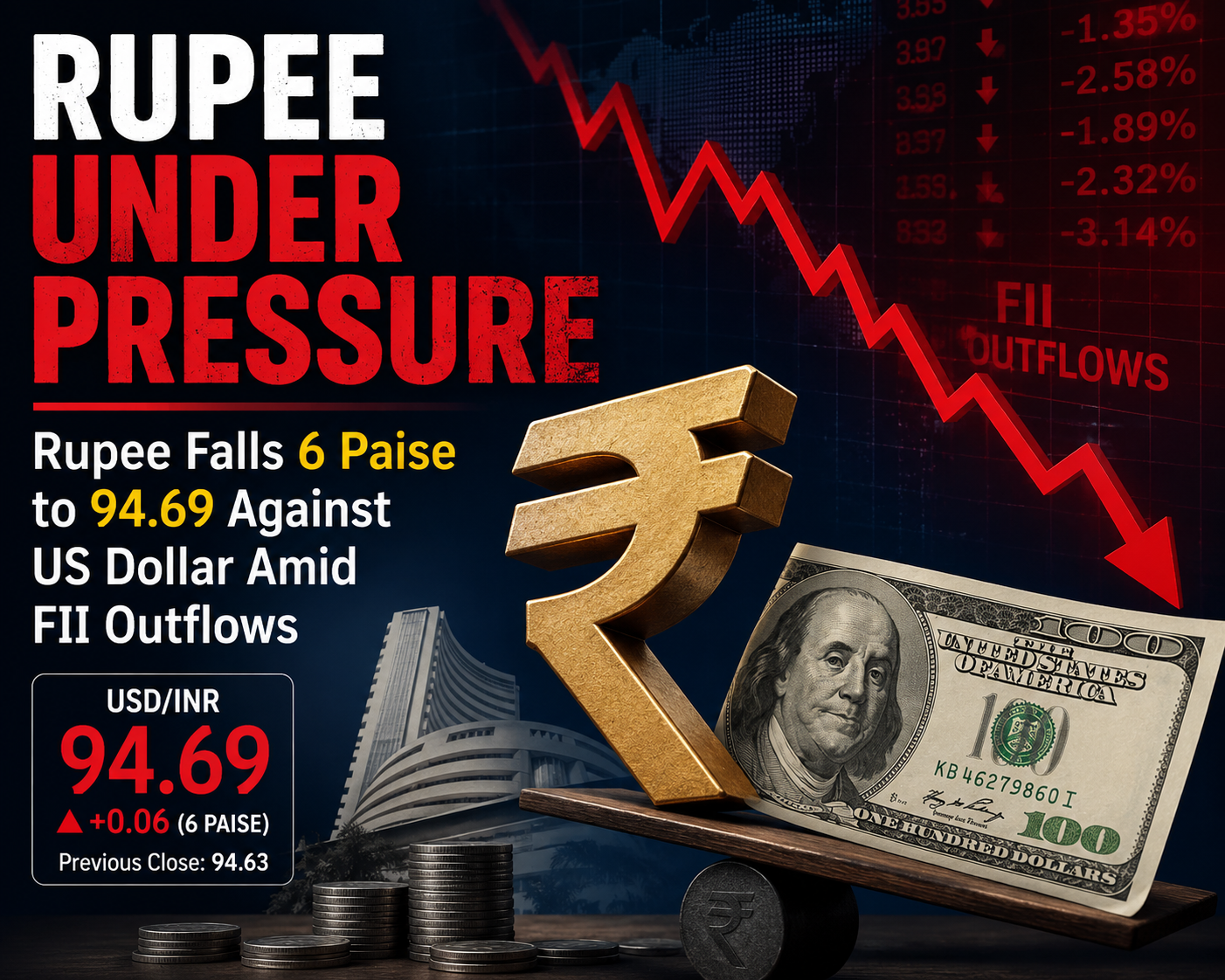 Rupee Under Pressure: Rupee Falls 6 Paise to 94.69 Against US Dollar Amid FII Outflows