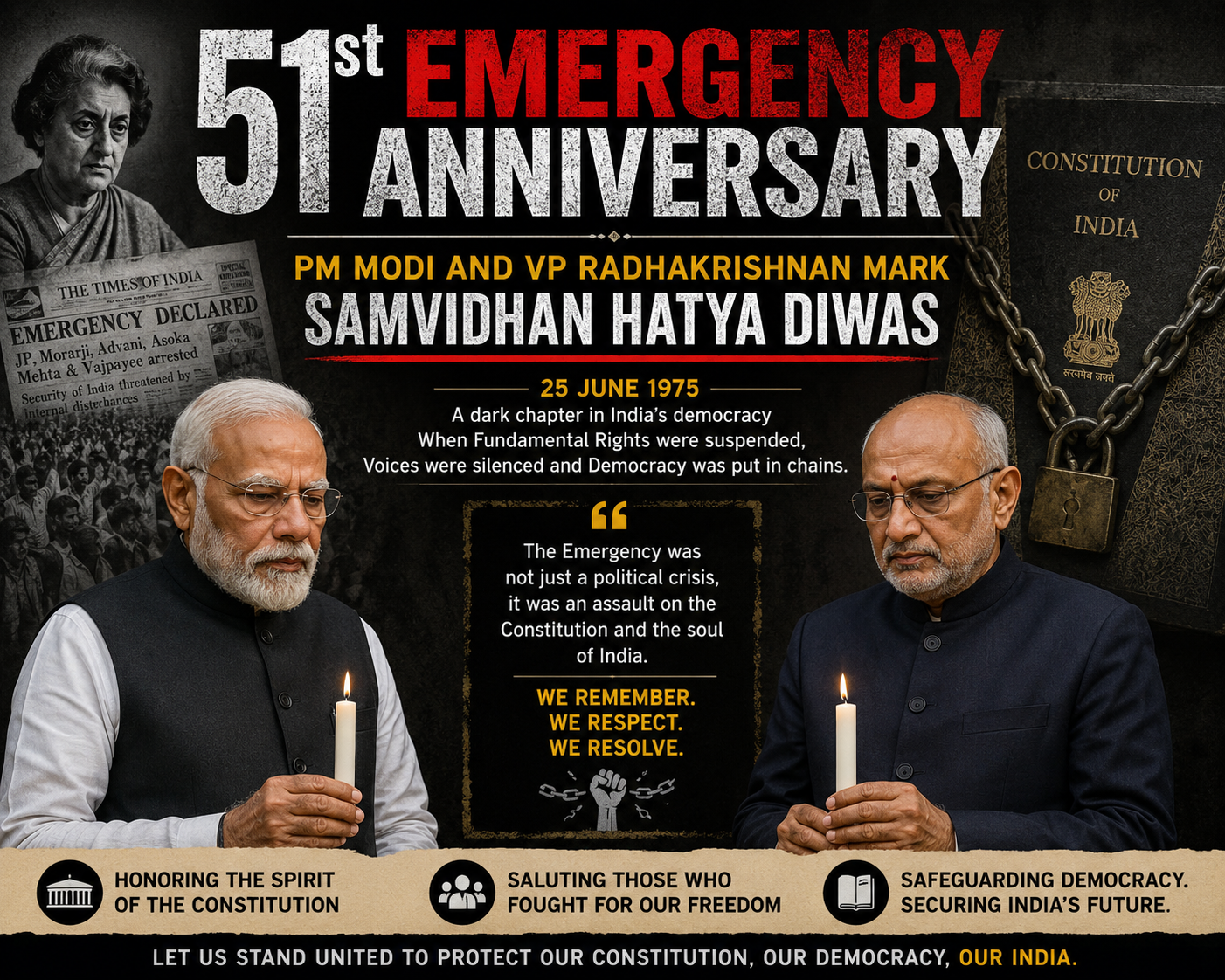 51st Emergency Anniversary: PM Modi and VP Radhakrishnan Mark Samvidhan Hatya Diwas