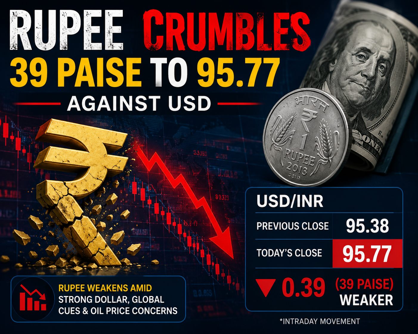 Rupee Crumbles 39 Paise to 95.77 against USD as Iran Shuts Strait of Hormuz; Brent Spikes Beyond $79