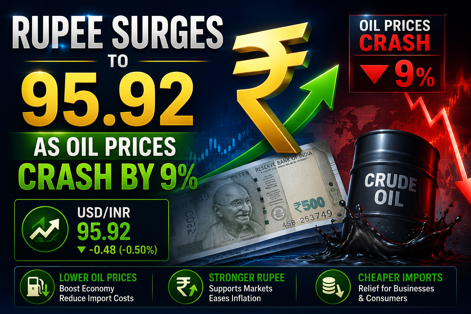 Incredible News: Rupee Surges to 95.92 as Oil Prices Crash by 9%