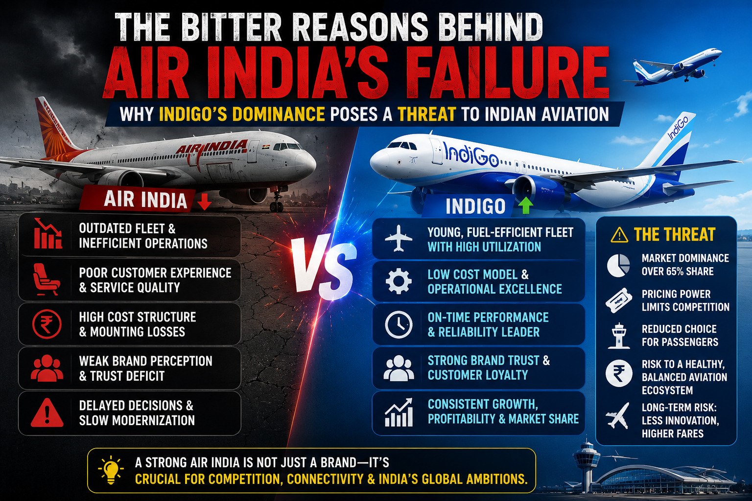 The bitter reasons behind Air India's failure: Why IndiGo's dominance poses a threat to Indian aviation.