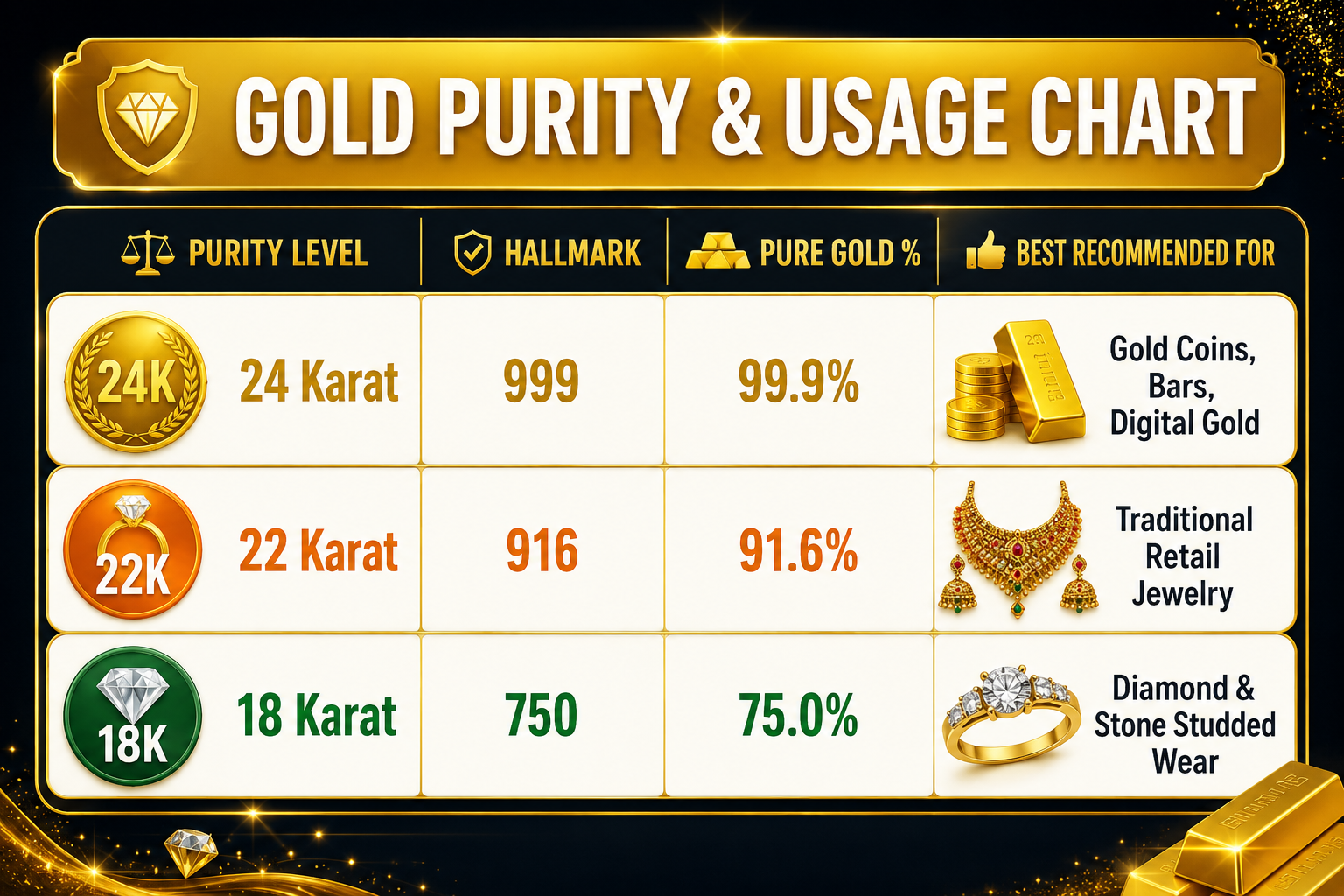 GOLD PURITY & USAGE CHART