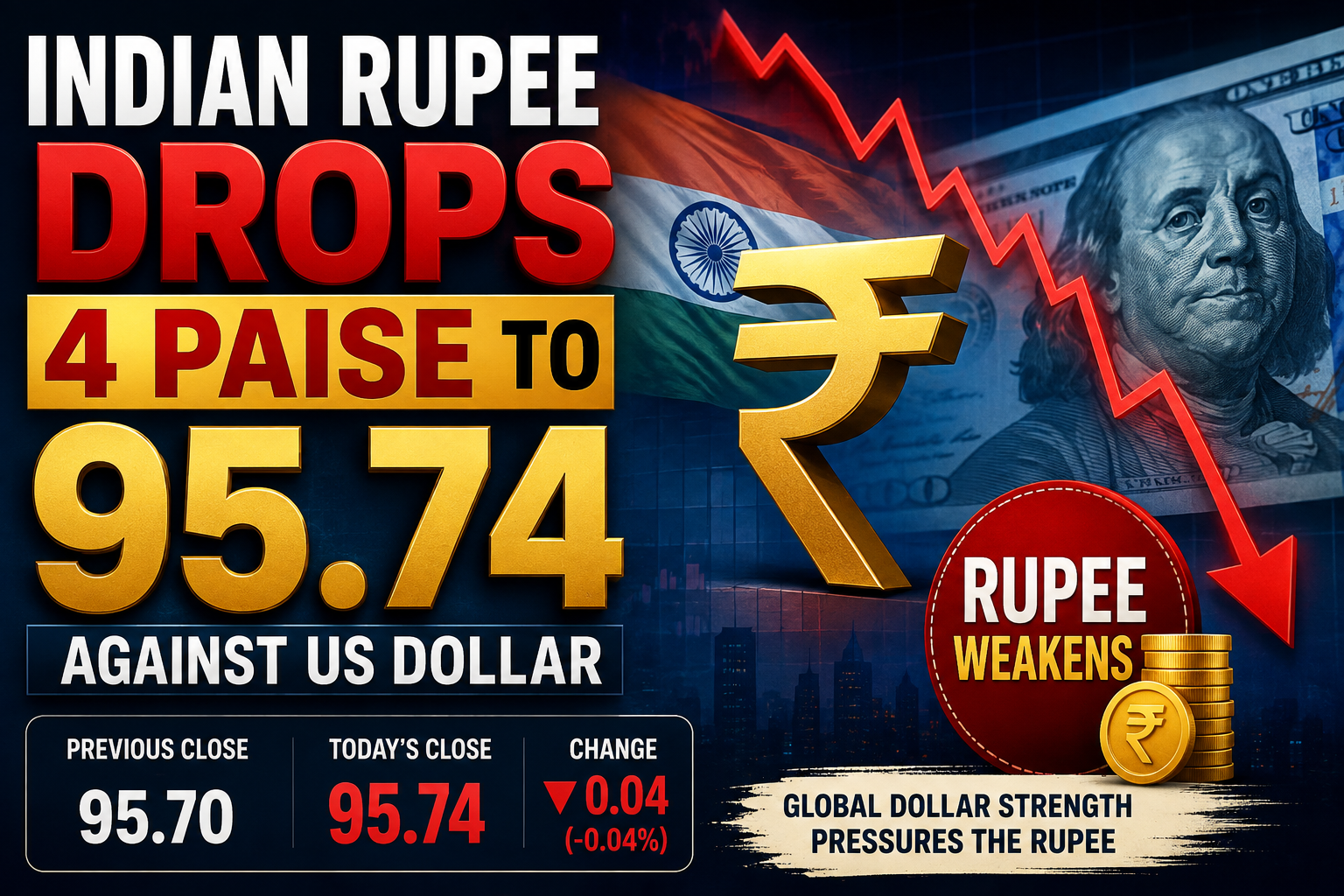 Indian Rupee Drops 4 Paise to 95.74 Against US Dollar