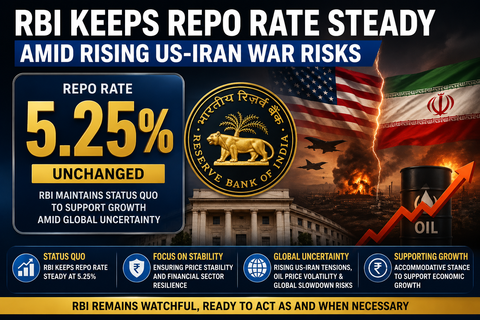 RBI Keeps Repo Rate Steady at 5.25% Amid Rising US-Iran War Risks