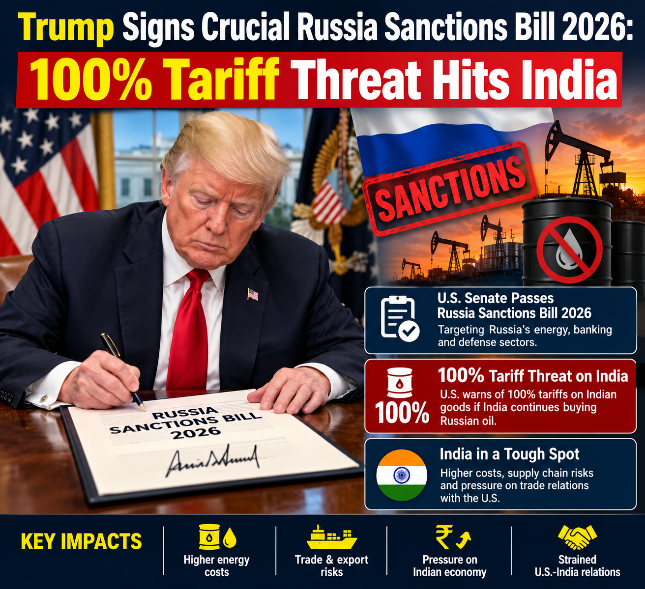 Trump Signs Crucial Russia Sanctions Bill 2026: 100% Tariff Threat Hits India