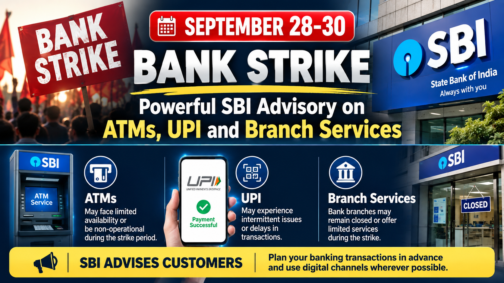 Bank Strike September 28-30: Powerful SBI Advisory on ATMs, UPI and Branch Services